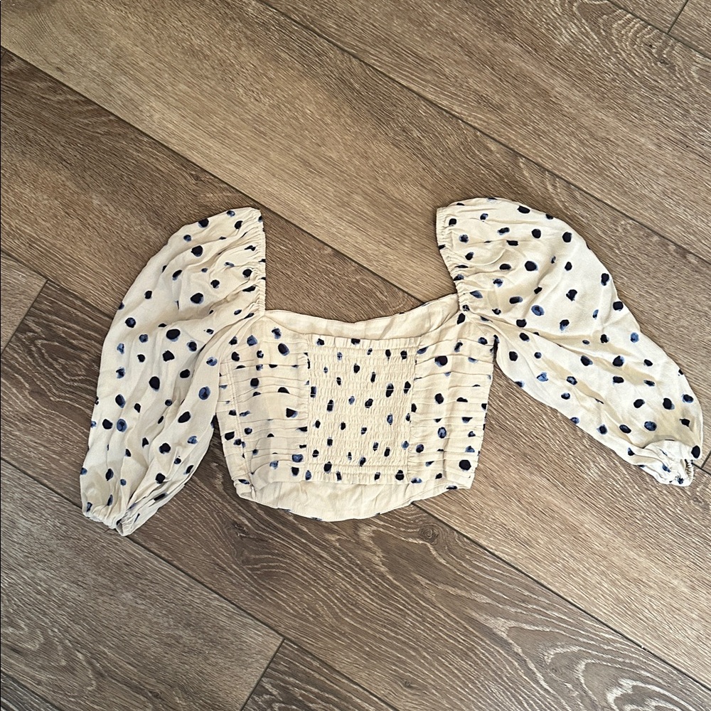 Wilfred Lolita Cream Blue Polka Dot Cropped Peasant Blouse Boho XS - Picture 6 of 9